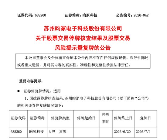 4倍牛股688260，停牌核查完成，明日复牌